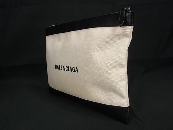Balenciaga 373834 Navy Clip M Canvas Clutch Bag Second Bag Beige