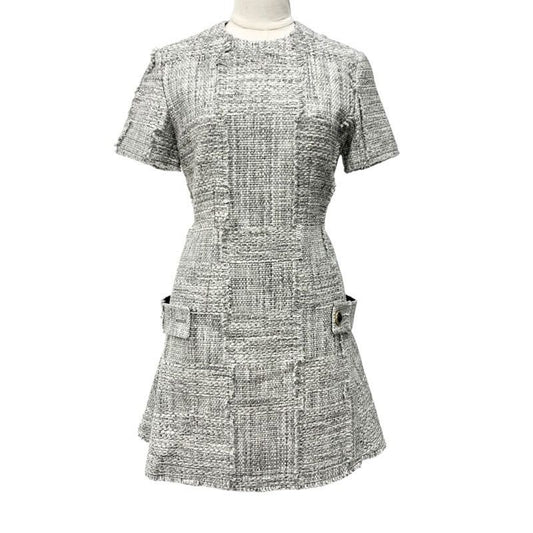 Louis Vuitton Dress Cotton Gray Silver Tweed Short Sleeve 22 SS