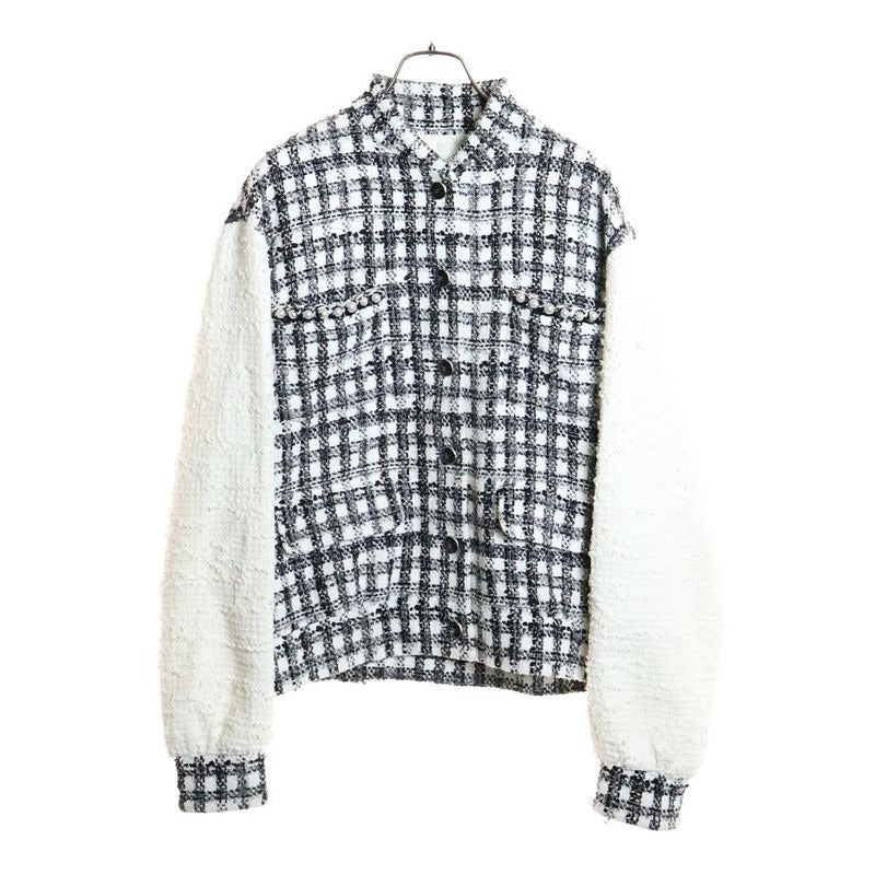 Chanel 25 SS Coco Mark Button Pearl Decoration Gingham Check Tweed Jacket White