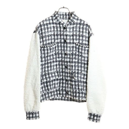 Chanel 25 SS Coco Mark Button Pearl Decoration Gingham Check Tweed Jacket White