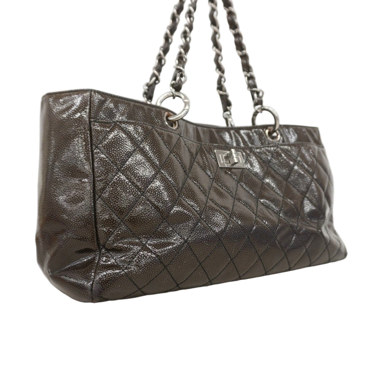 Chanel Chain Tote 2.55 Patent Leather Black Brown Silver — view 2