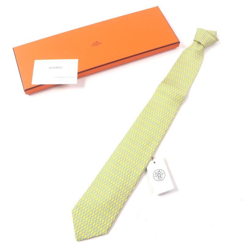  Hermes 100% Silk Banane/ciel Purchased In 2020 Cravat Chain All Over Tie With