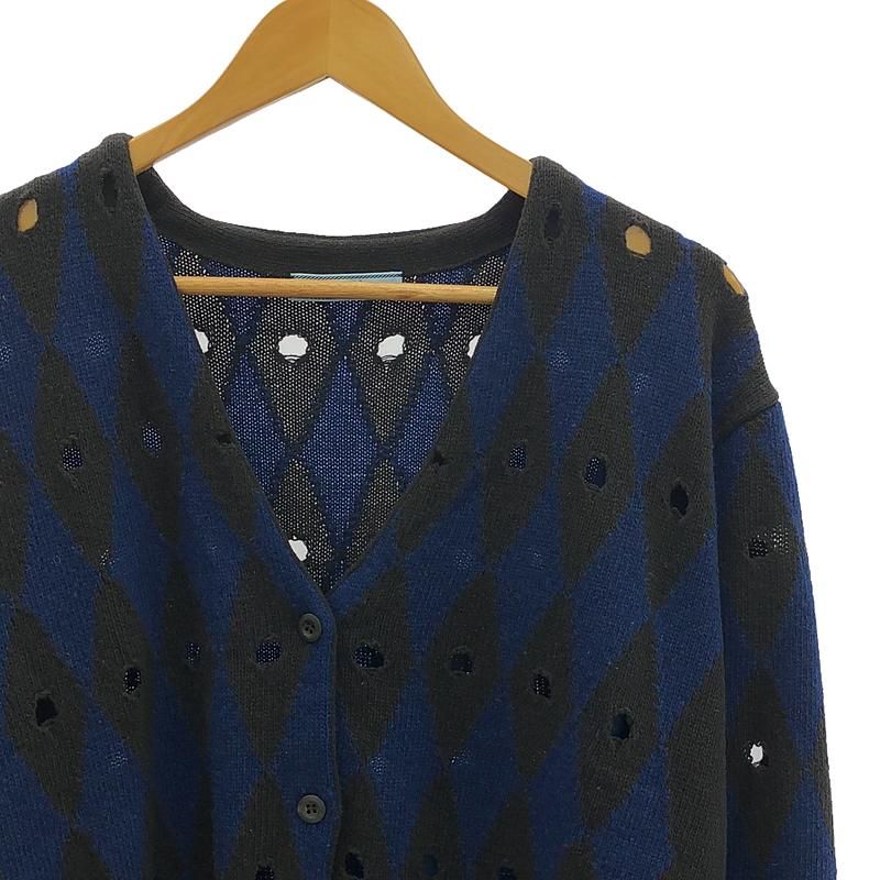 Prada - 2011 - Argyle Damaged V-neck Cardigan - 40 - Brown Blue - Women's