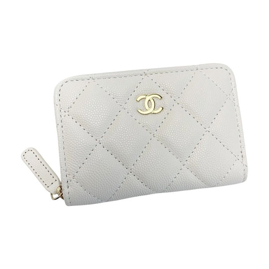 Chanel Coco Mark Caviar Leather Classic Zip Coin Purse Quilted Ap0216 White