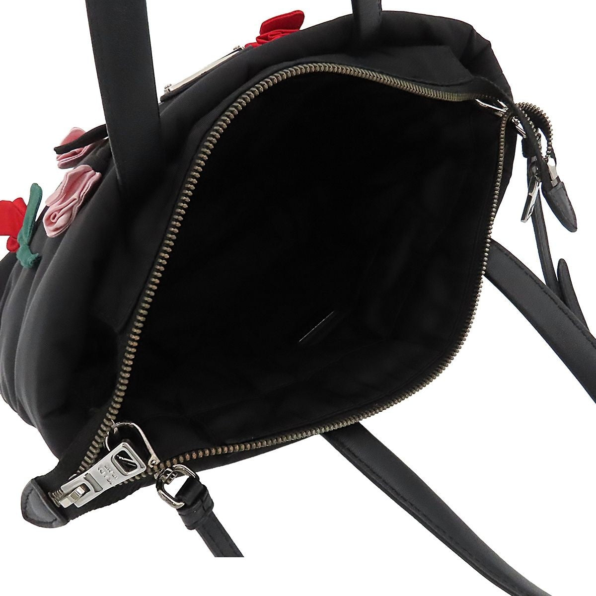 Prada Black Silver Nylon Leather Flower Motif 2-Way Shoulder Bag Triangle Logo — view 5