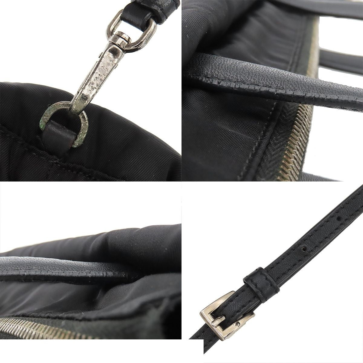 Prada Black Silver Nylon Leather Flower Motif 2-Way Shoulder Bag Triangle Logo — view 8