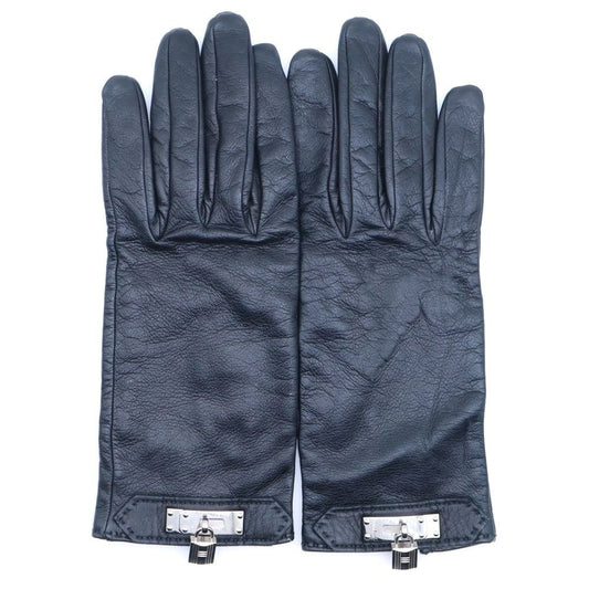Hermes Kelly Leather Gloves Black Silver 7