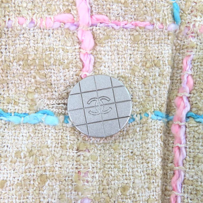 CHANEL Vintage 01P P17594 Stand Collar Tweed Coat With Coco Mark Buttons Beige