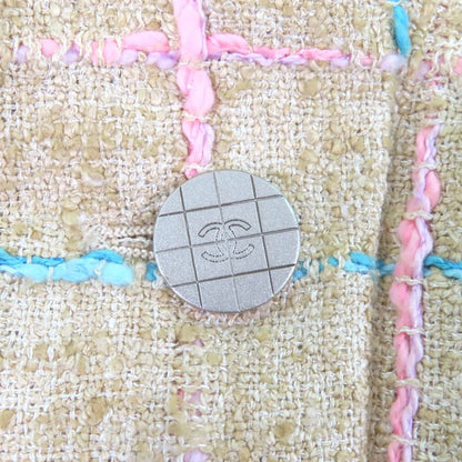 CHANEL Vintage 01P P17594 Stand Collar Tweed Coat With Coco Mark Buttons Beige