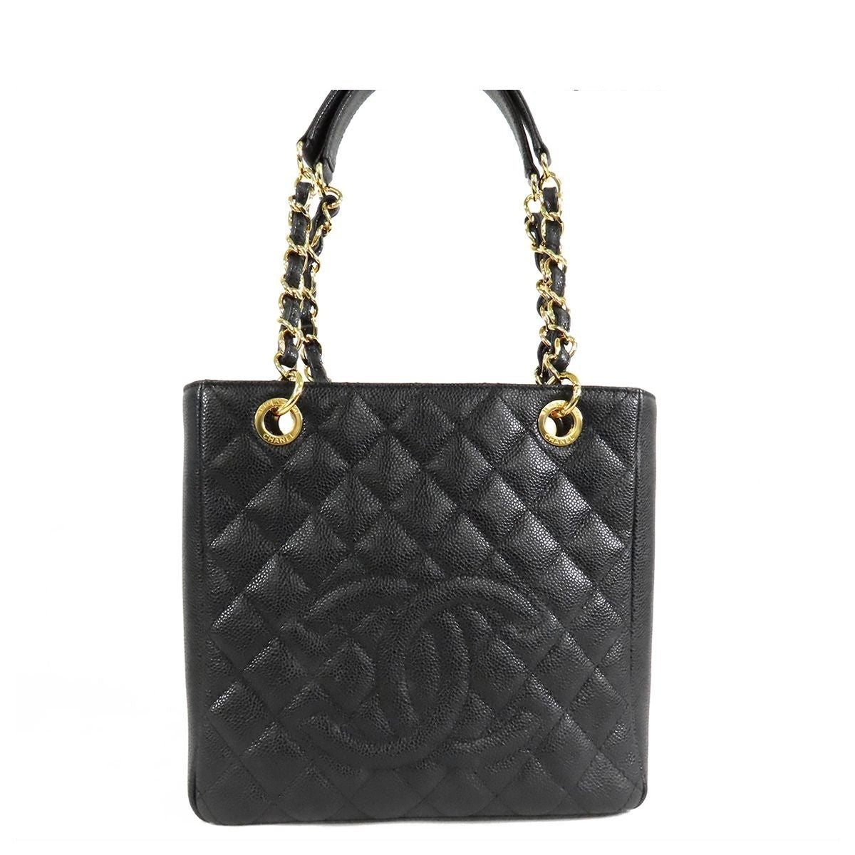 Chanel Petite Shopping Tote Bag PST Black Gold Caviar Leather Quilted
