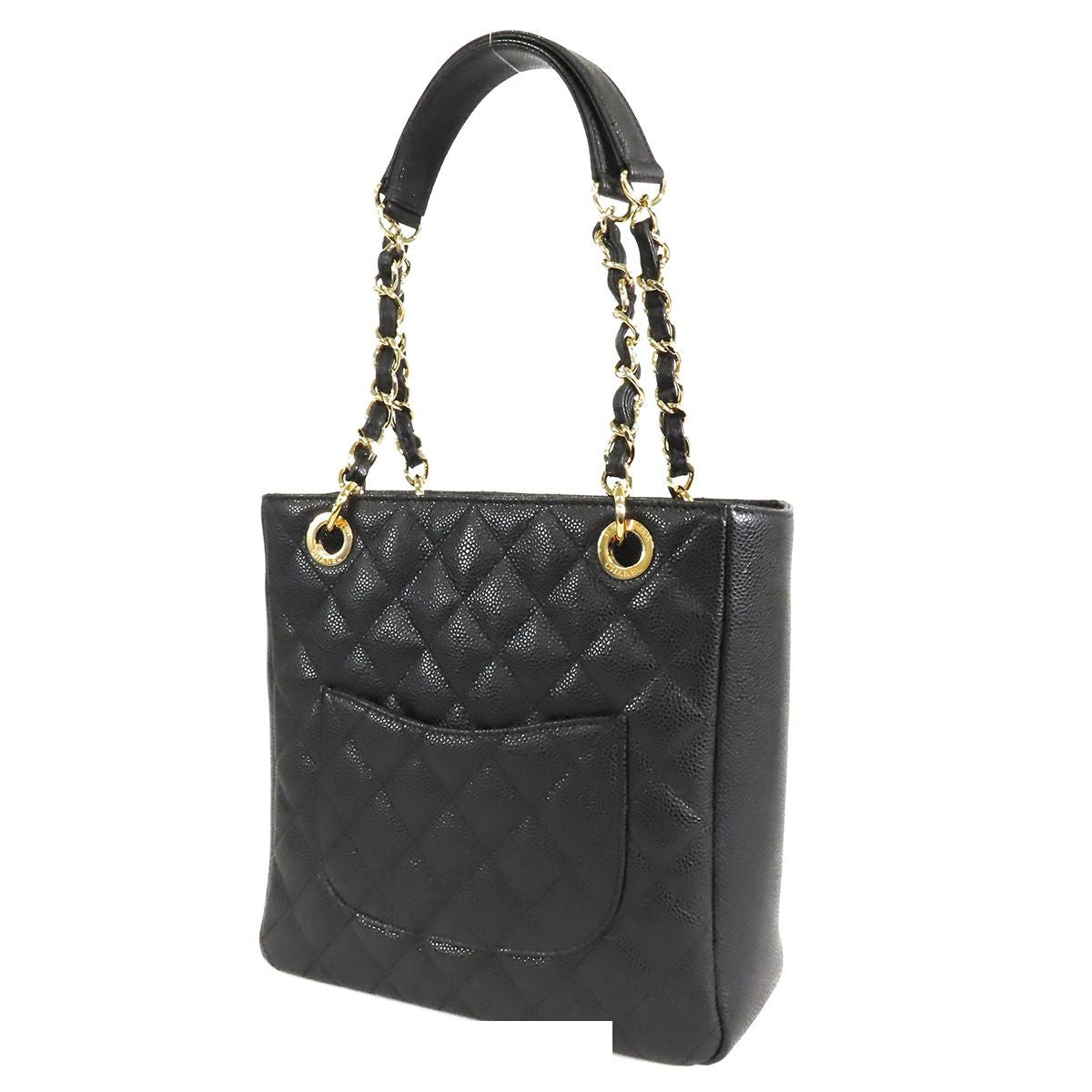 Chanel Petite Shopping Tote Bag PST Black Gold Caviar Leather Quilted — view 2