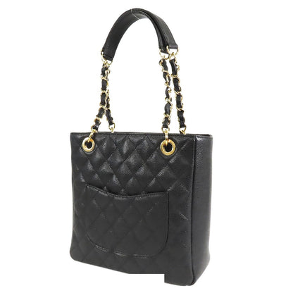 Chanel Petite Shopping Tote Bag PST Black Gold Caviar Leather Quilted — view 2