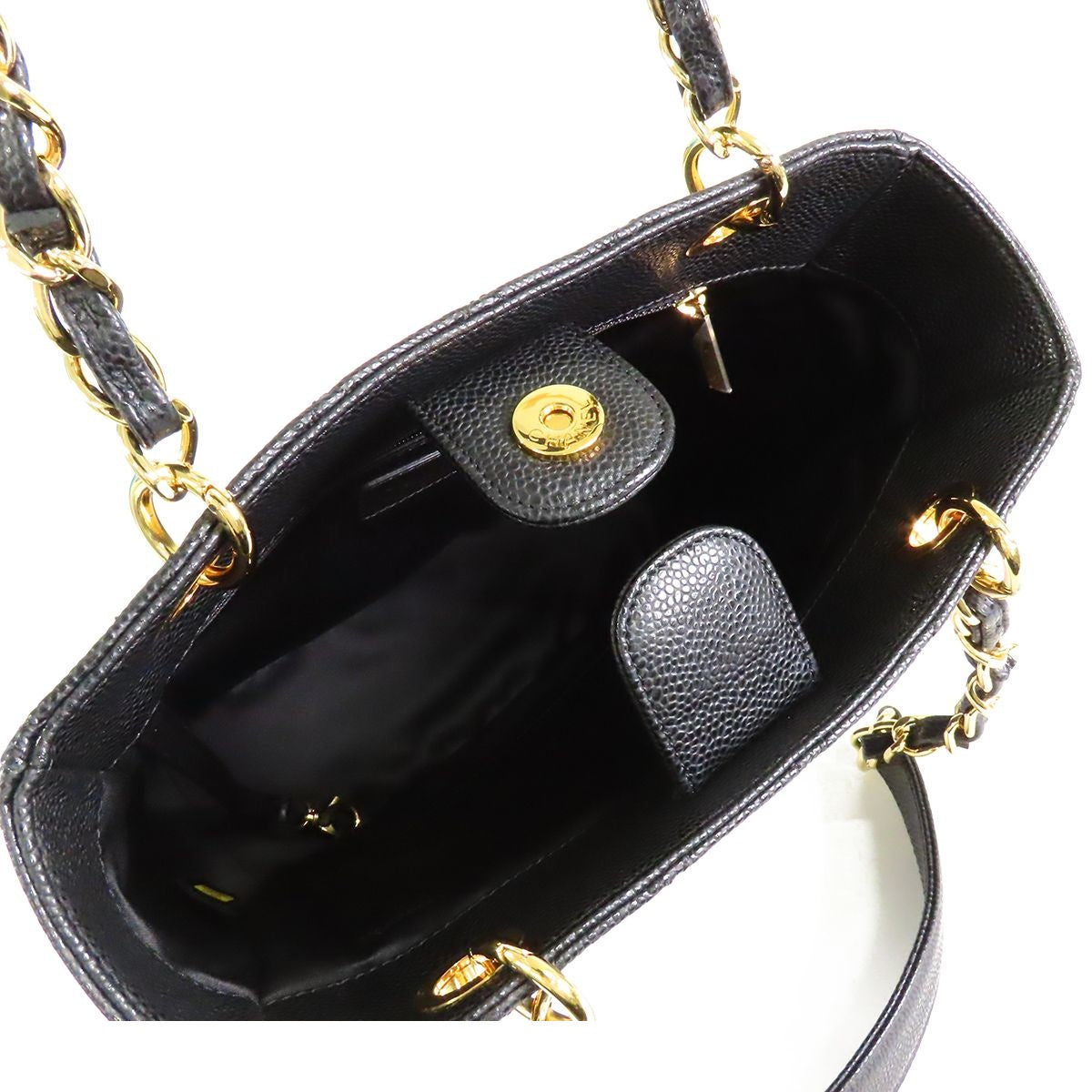 Chanel Petite Shopping Tote Bag PST Black Gold Caviar Leather Quilted — view 5