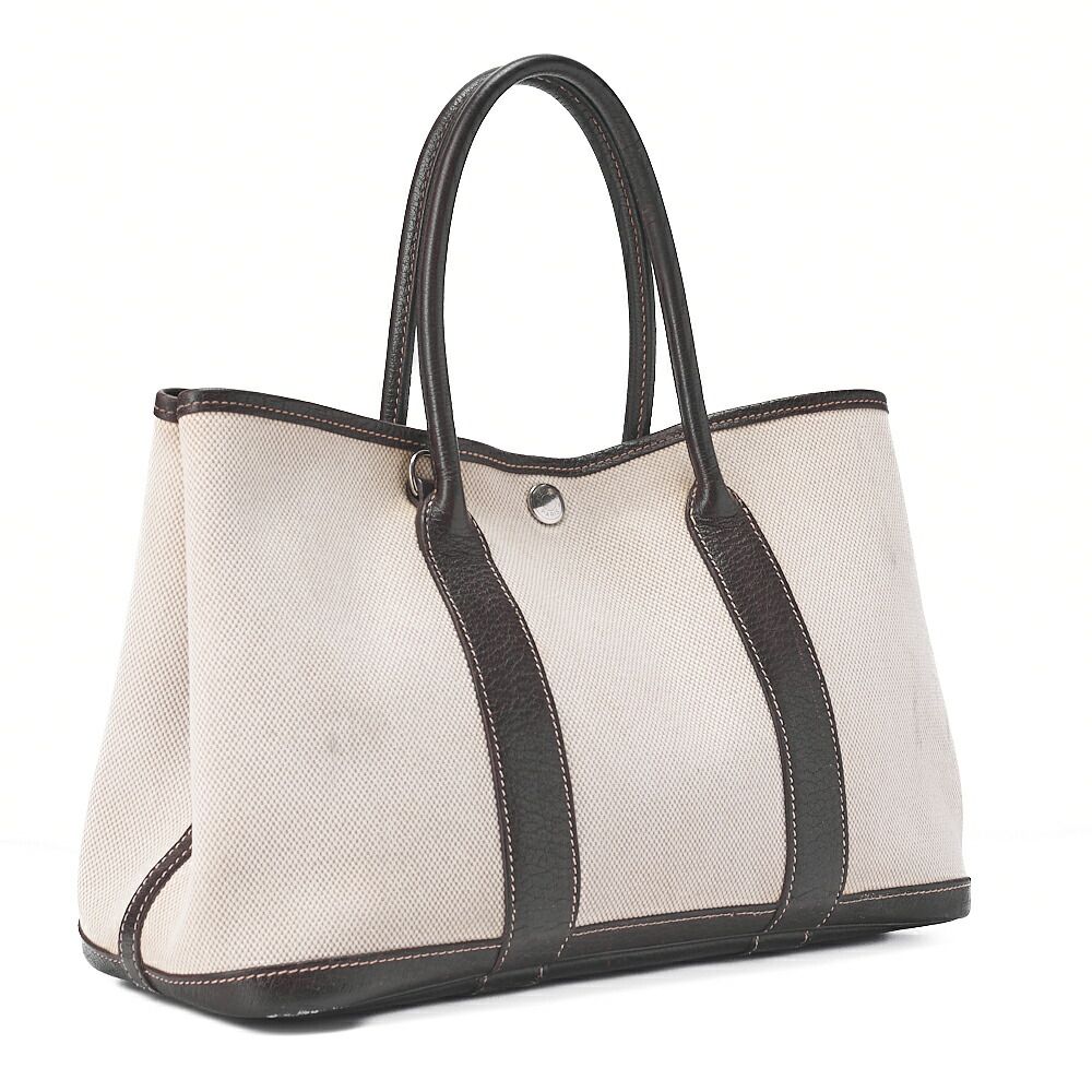 Hermes Garden Party TPM Handbag Toile Ash Ivory X Brown Silver Hardware Ladies