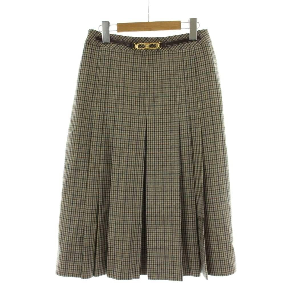 Celine Plied Skirt Wool 44 Beige Multicolor Houndstooth Pattern Macadam