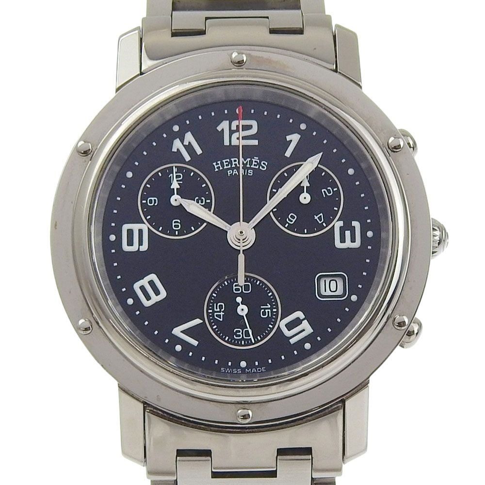 Hermes Clipper Stainless Steel Quartz Chronograph Black Dial Watch