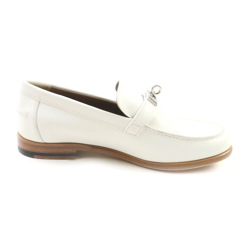 Hermes Moccasin Destin Silver Hardware Leather Loafer With Kelly Buckle White