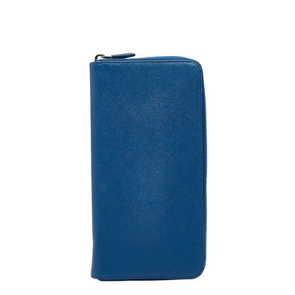 Prada Round Zipper Long Wallet Blue Saffiano Leather