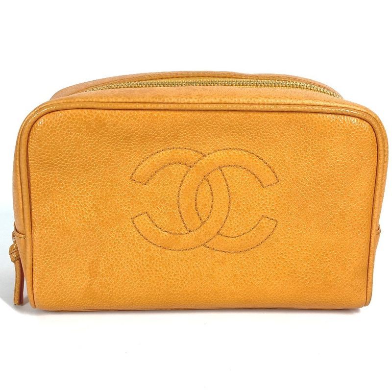 Chanel Pouch CC Coco Mark Logo Caviar Skin Yellowish