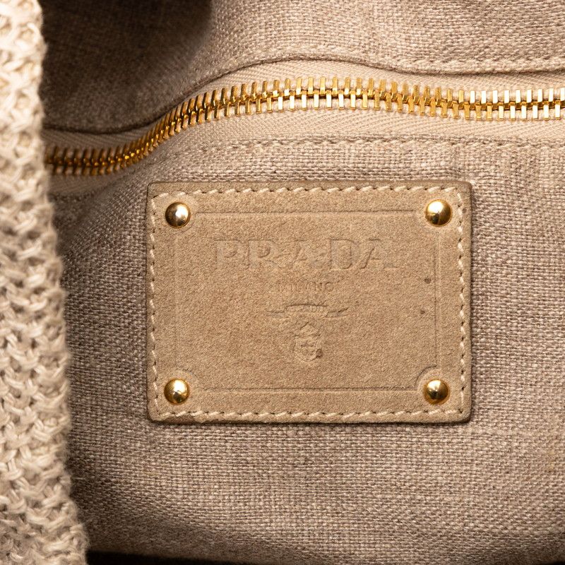 Prada Triangle Logo Plate Tote Shoulder Bag 2WAY Bn2038 Beige Linen Canvas