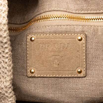 Prada Triangle Logo Plate Tote Shoulder Bag 2WAY Bn2038 Beige Linen Canvas