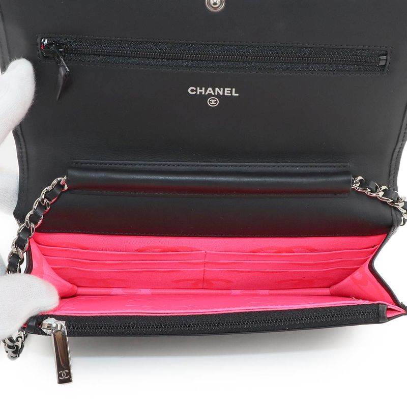 Chanel Cambon Line Chain Wallet Foldable Long Wallet Leather Enamel Black