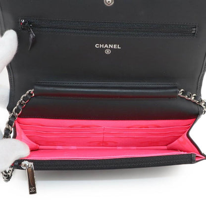 Chanel Cambon Line Chain Wallet Foldable Long Wallet Leather Enamel Black