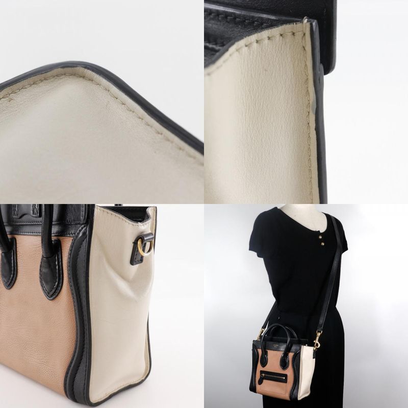 Celine Luggage Nano Shopper Bicolor 2WAY Shoulder Calf Black/brown/off White