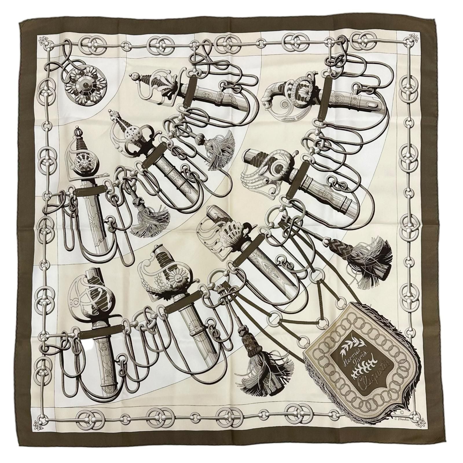 Hermes Carre 90 Cliquetis Silk Brown Beige Scarf