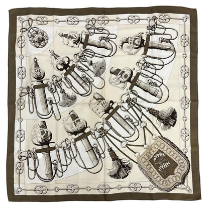 Hermes Carre 90 Cliquetis Silk Brown Beige Scarf