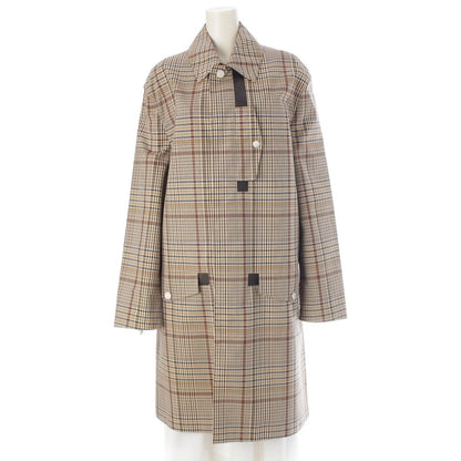 Hermes Wool Leather Button Check Pattern Stand Collar Coat Beige Brown