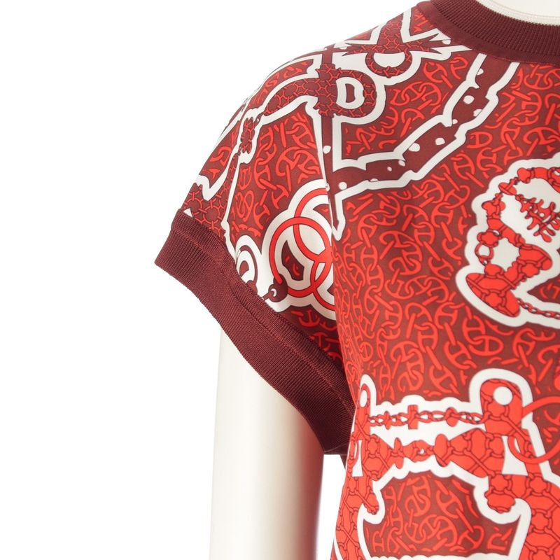Hermes 24 Silk Chaine D'ancre Allover Pattern Short Sleeve Top 4e2832dx Orange
