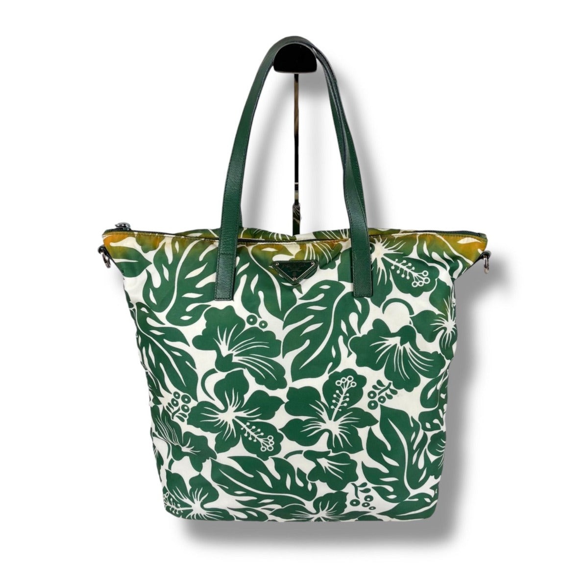 Prada Hibiscus Tote Flower Tessuto Nylon Green Triangle Logo — view 12