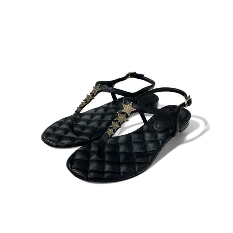 Chanel Sandals Shoes Leather Black Gold CC Logo Star Quilted Thong Flat
