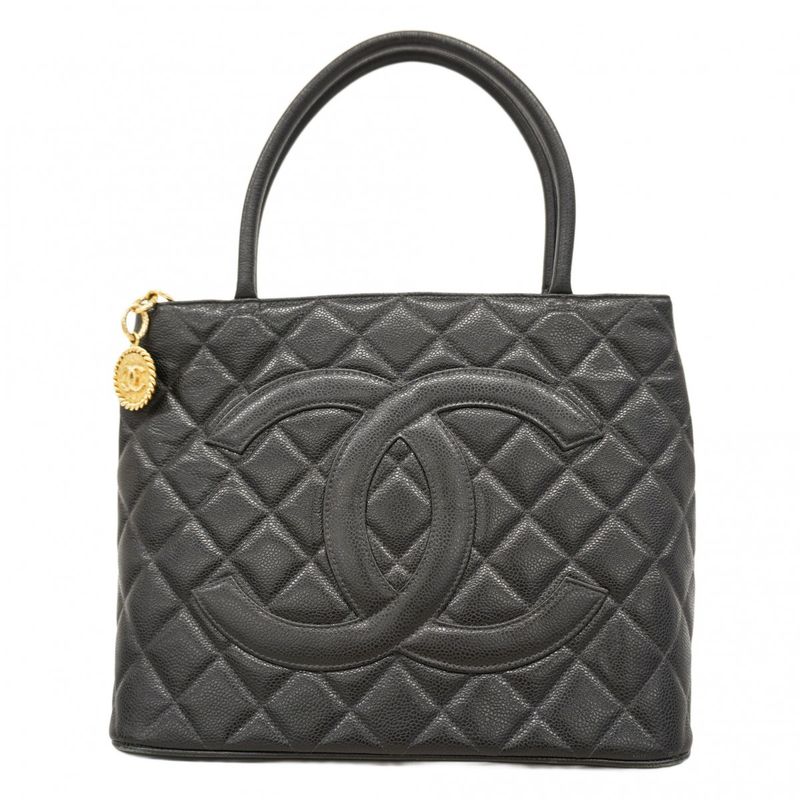 Chanel Tote Bag Revival Tote Caviar Skin Black Gold Hardware Women's