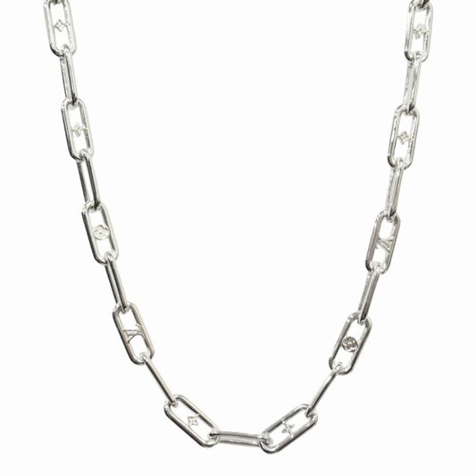 Louis Vuitton Sleek Monogram Chain Necklace LV Logo Flower Silver