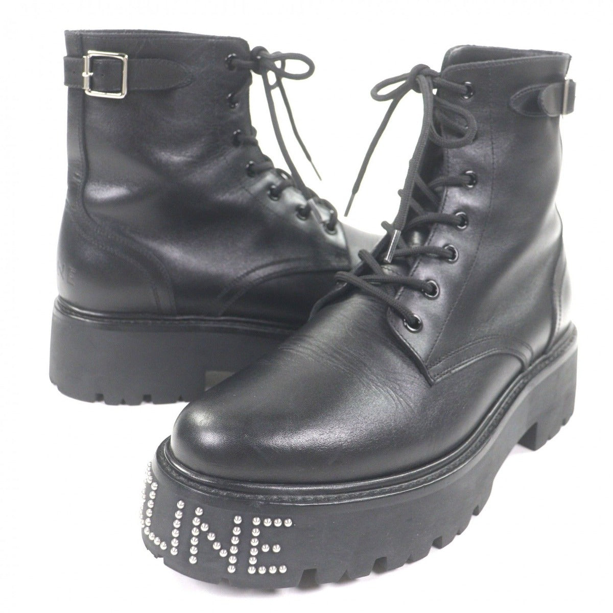 Celine Bulky Leather Hedi Slimane Era Logo Studs Lace Up Short Boots Black 42
