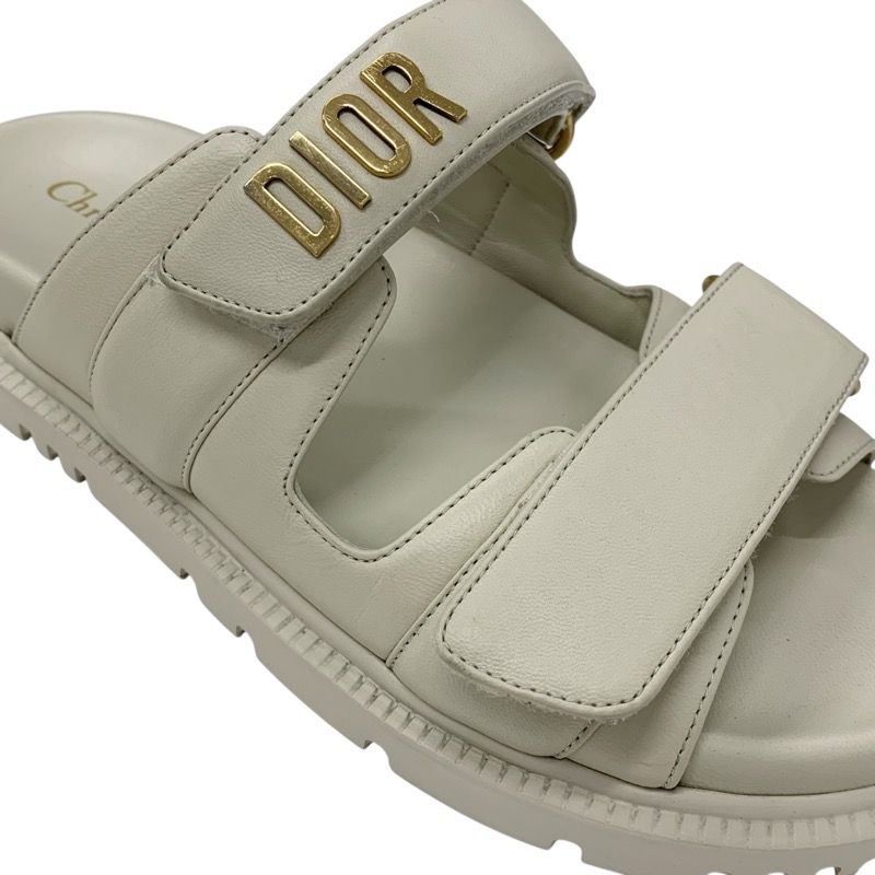 Christian Dioract Sandals Shoes Leather Ivory Gold Logo Velcro Strap