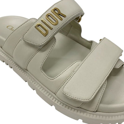 Christian Dioract Sandals Shoes Leather Ivory Gold Logo Velcro Strap