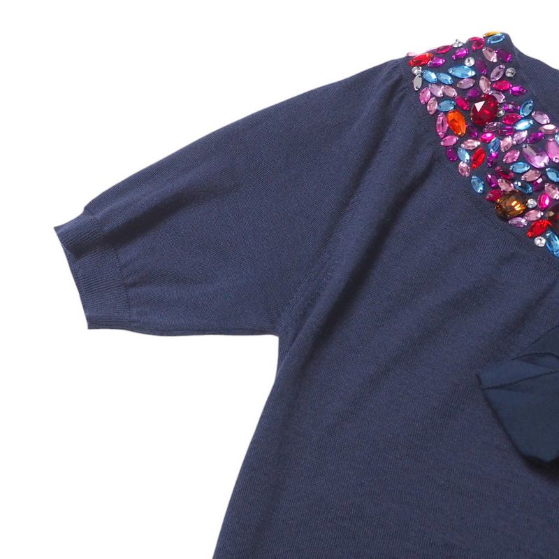 Christian DIOR Knit Size 38 Short Sleeve Knit Sweater Silk Chiffon Ribbon Bow