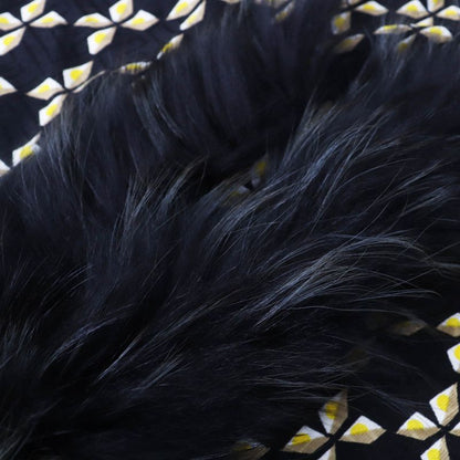 Fendi Fxt069 Silk Blend Raccoon Fur Zucca Pattern Scarf Black Yellow Beige