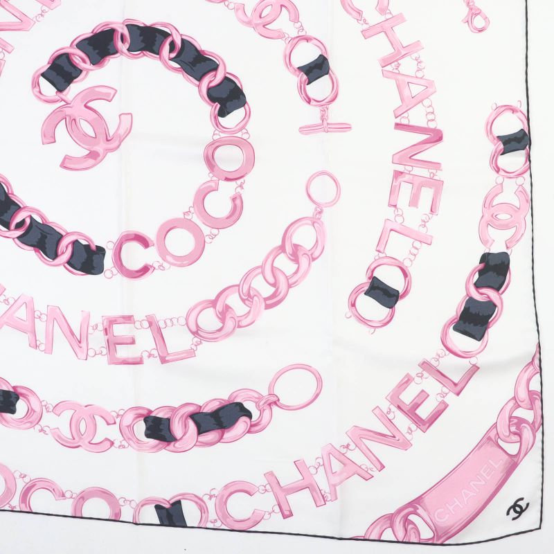 CHANEL 100% Silk Coco Mark Chain Belt Pattern Scarf White Pink With Box Made In