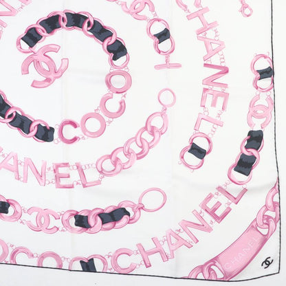 CHANEL 100% Silk Coco Mark Chain Belt Pattern Scarf White Pink With Box Made In