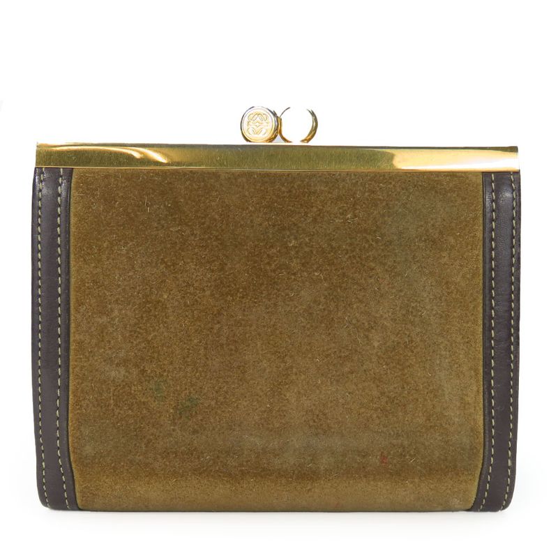 Loewe Trifold Wallet Suede Leather Khaki Brown Gold Hardware Anagram Clasp