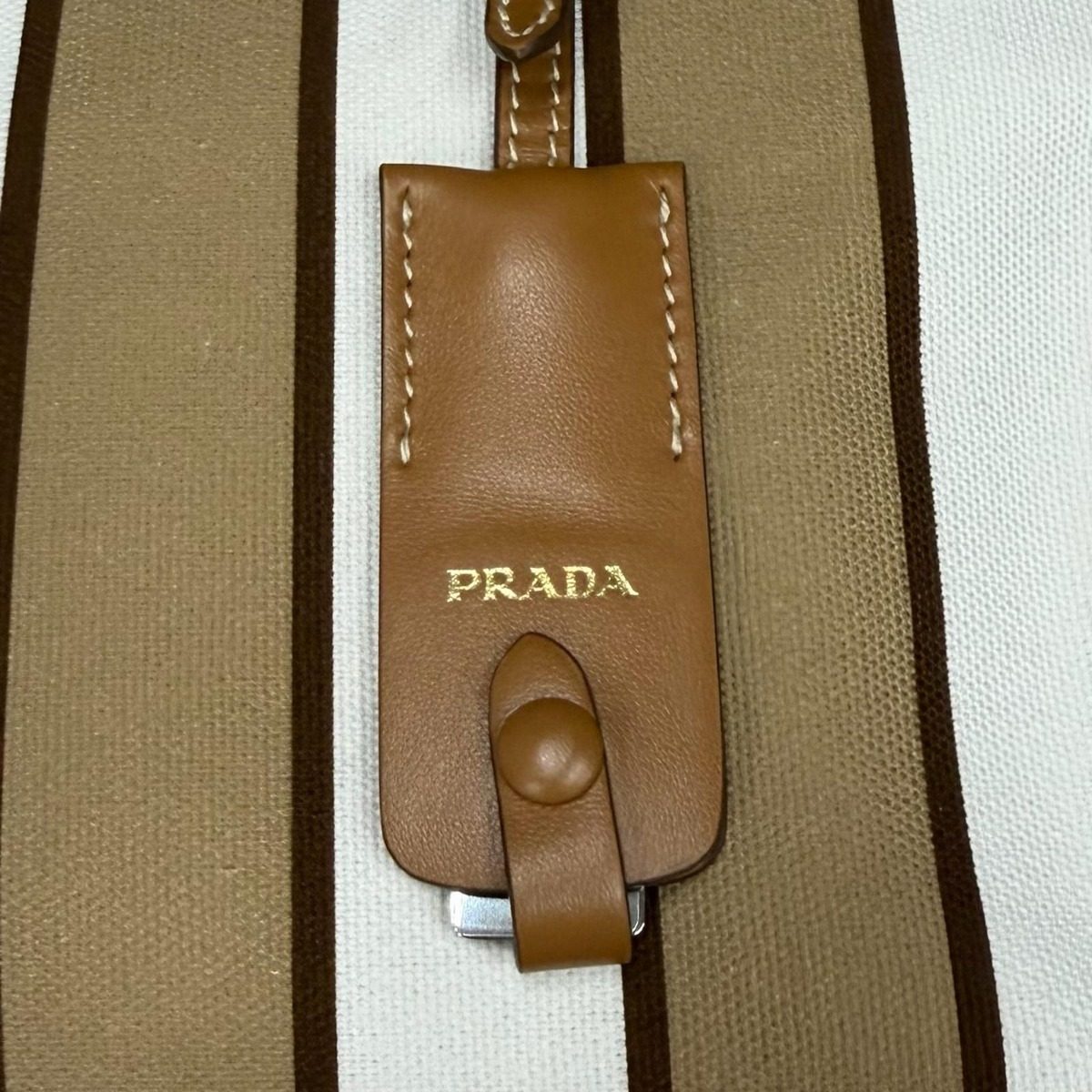 Prada Triangle Logo Stripe Leather Canvas Tote Brown White — view 10