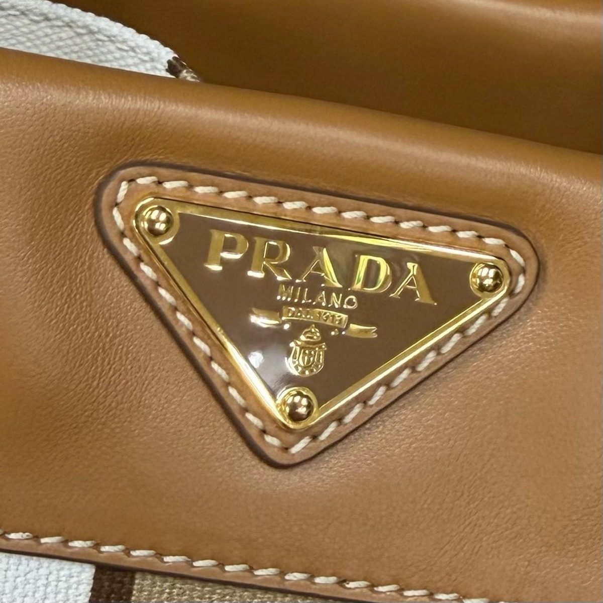 Prada Triangle Logo Stripe Leather Canvas Tote Brown White — view 11