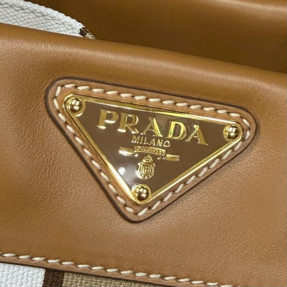 Prada Triangle Logo Stripe Leather Canvas Tote Brown White — view 11
