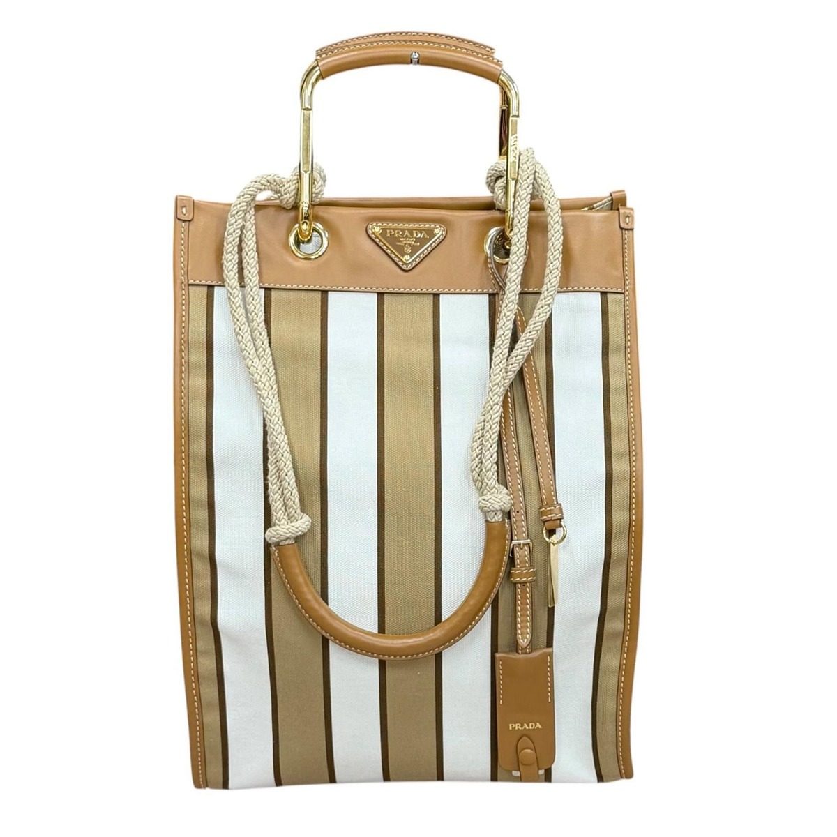 Prada Triangle Logo Stripe Leather Canvas Tote Brown White