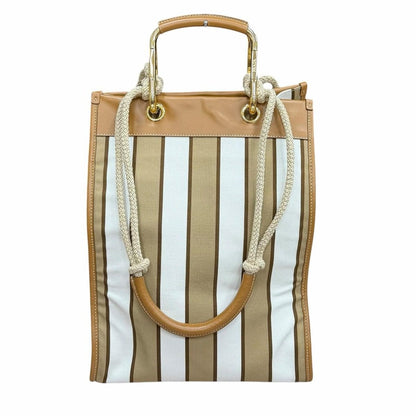 Prada Triangle Logo Stripe Leather Canvas Tote Brown White — view 3