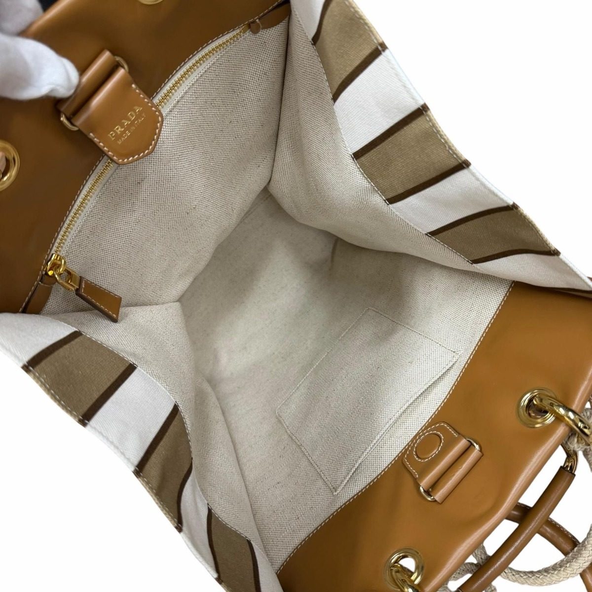 Prada Triangle Logo Stripe Leather Canvas Tote Brown White — view 5
